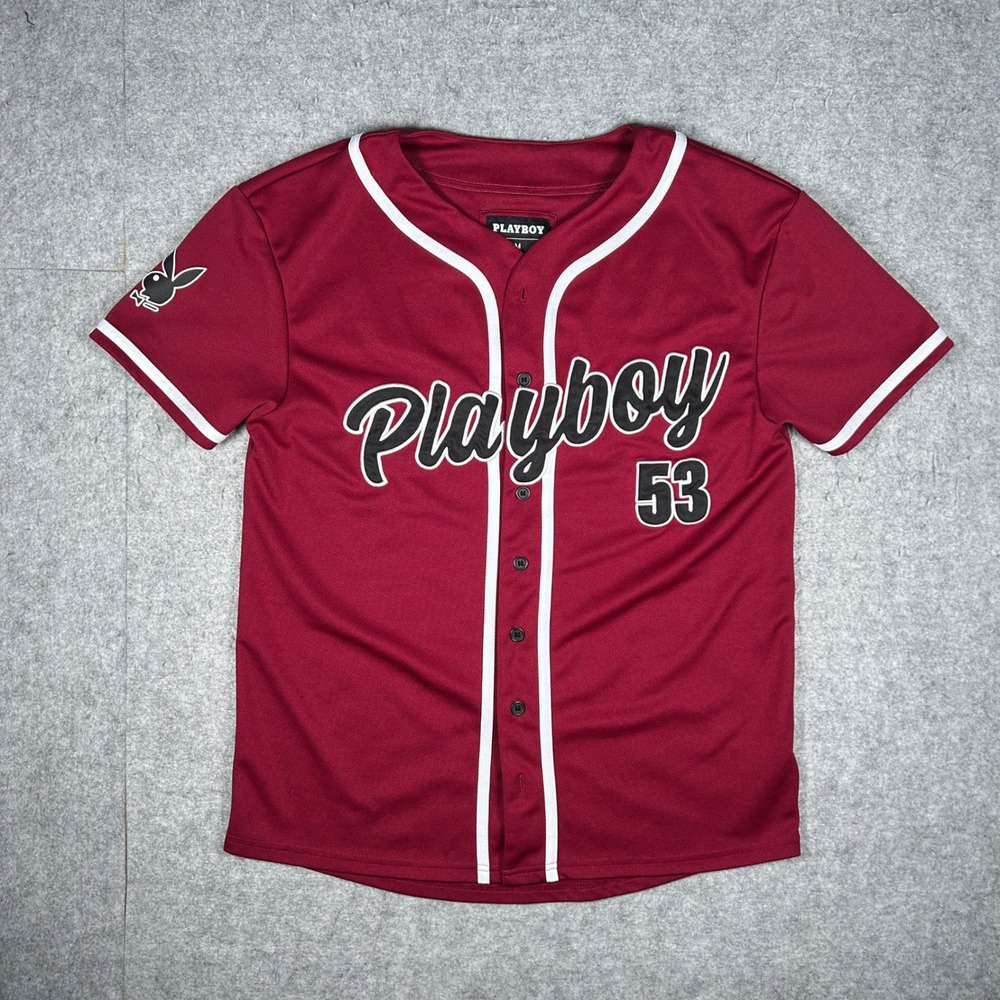 Playboy Jersey Mens M Burgundy Baseball Button Up Bunny Logo 53 Streetwear Y2K